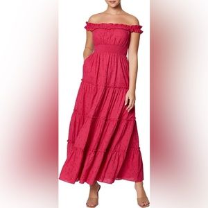 Off-the-Shoulder Eyelet Tiered Maxi Dress in Rose